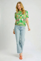 Umgee Blouse Green Mix Floral Retro Puff Short Sleeve Top 7fad2b0e-d487-419b-a5d3-a832a98902c1-Max-Origin Trendsi