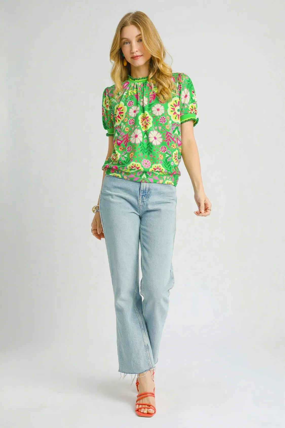 Umgee Blouse Green Mix Floral Retro Puff Short Sleeve Top 7fad2b0e-d487-419b-a5d3-a832a98902c1-Max-Origin Trendsi