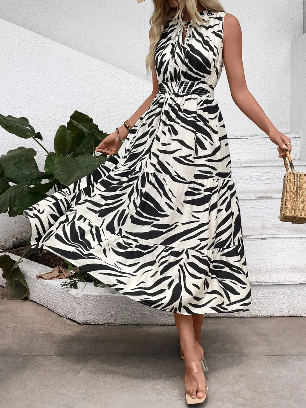 Midi Dress Zebra Printed Notched Sleeveless Pocketed Ealstic Waist 7fb049e5-2adb-48a2-8c92-5cbc23a136d6-Max-Origin Trendsi