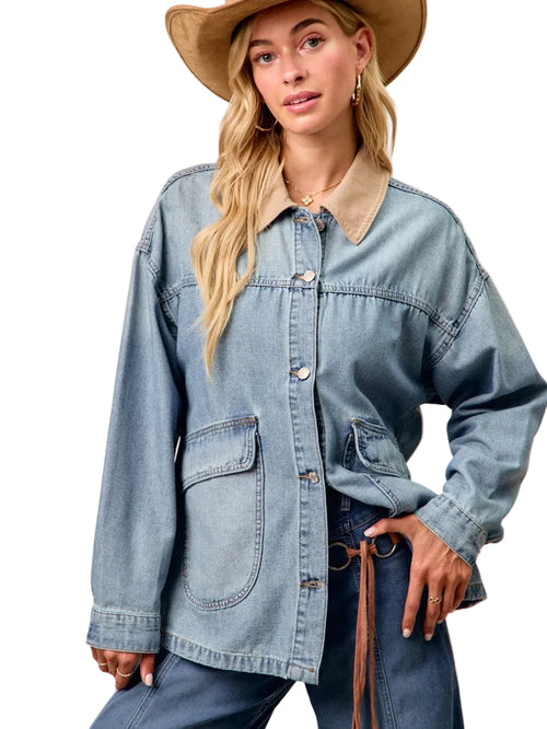 BiBi Washed Denim Jacket with Contrast Collar Detail