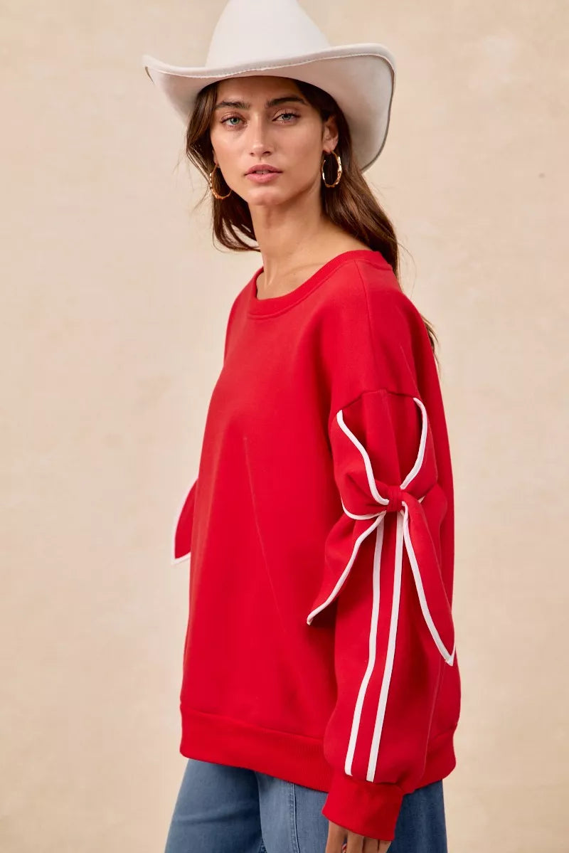 BiBi Fleece Sweatshirt Red Bow Detail Sleeves Womens Pullover 7fb37580-2133-4305-8e19-d3c4de8ddf61-Max-Origin Trendsi
