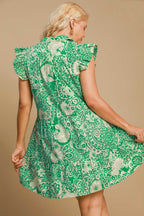 Umgee Babydoll Mini Dress Green Printed Ruffle Cap Short Sleeve 7fca7aae-226a-440f-baab-824046cb23df-Max Trendsi