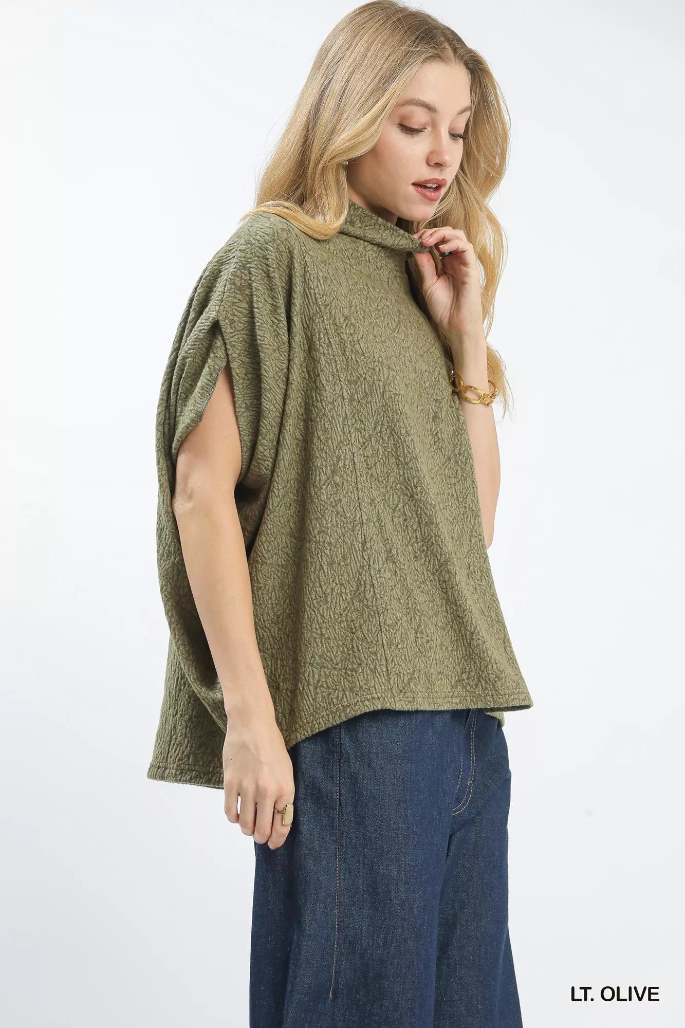 Umgee Womens Textured Blouse Olive Mock Neck Relaxed Top 7fd4504a-5f7a-45c7-9680-6ae06525deeb-Max-Origin Trendsi