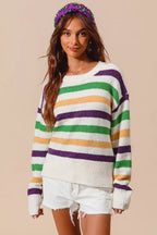 SO ME Sweater Knit Ivory Mardi Gras Color Stripe Long Sleeve Top 7fd86dcd4b7346e4ae342146caff796a-Max-Origin Trendsi
