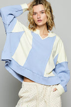 POL Women's Sweatshirt Cream Blue Color Block Waffle Knit Raw Hem Top 7fda6b3d-208f-431f-940f-74999eea63b0-Max-Origin Trendsi