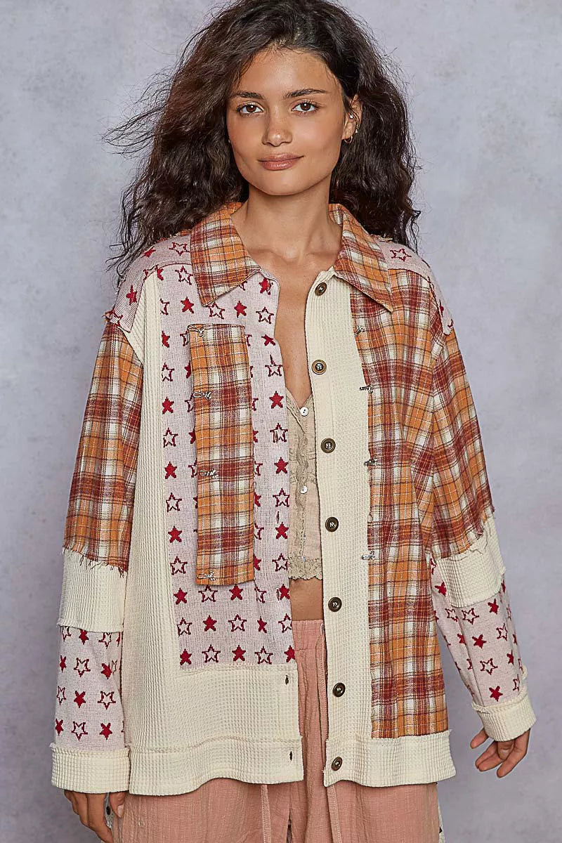 POL Womens Shacket Cream Contrast Plaid Star Buttoned Jacket 7fe24d54-515b-4e53-bcc3-7adb5e07eb5e-Max-Origin Trendsi