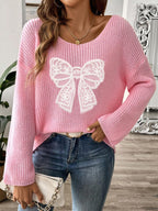 Bow Sweater Boat Neck Long Sleeve Loose Oversized Knitwear 7fe29168-16d7-4e49-b916-a8715524d001-Max Trendsi
