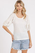 Mittoshop Blouse Off White Mixed Media Textured Knit Popcorn Puff Half Sleeve Off White 7fea73ba-6148-45b9-96c7-9184a3828a7f-Min Trendsi