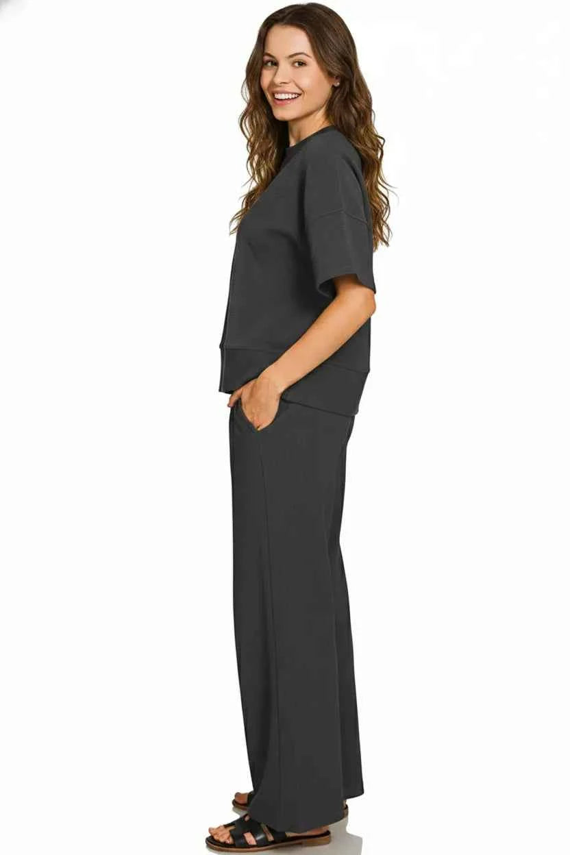 Zenana Ribbed Round Neck Tee & Pants Set