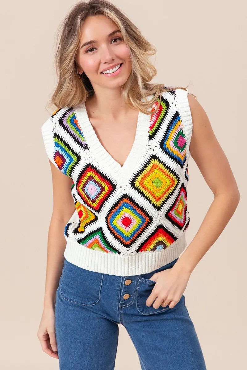 BiBi Sweater Vest Ivory Diamond Granny Multicolor Square Ribbed Knit Top 8002c1b93a104664944e41718a5aea89-Max-Origin Trendsi