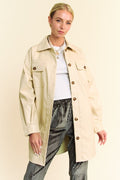Davi & Dani Jacket Faux Leather Beige Button Up with Chest Pockets BEIGE 8005c37c-646d-4a92-8c93-d2896f9dfcf6-Max Trendsi