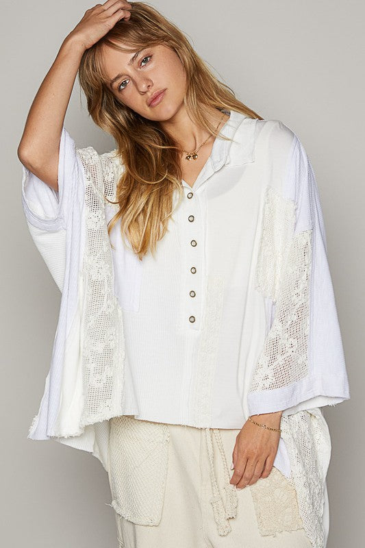 POL USA Knit Top White Crochet Patchwork Frayed Edge Half Button Long Sleeve