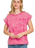 Zenana Plus Size Crinkle Washed Round Neck Folded Short Sleeve Tee S‑3X