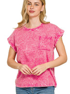 Zenana Plus Size Crinkle Washed Round Neck Folded Short Sleeve Tee S‑3X
