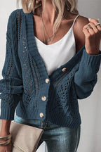 Cardigan Cotton Blend V Neck Openwork Button Up Long Sleeve 801531db-7bd6-4981-868d-77526362992b-Max Trendsi