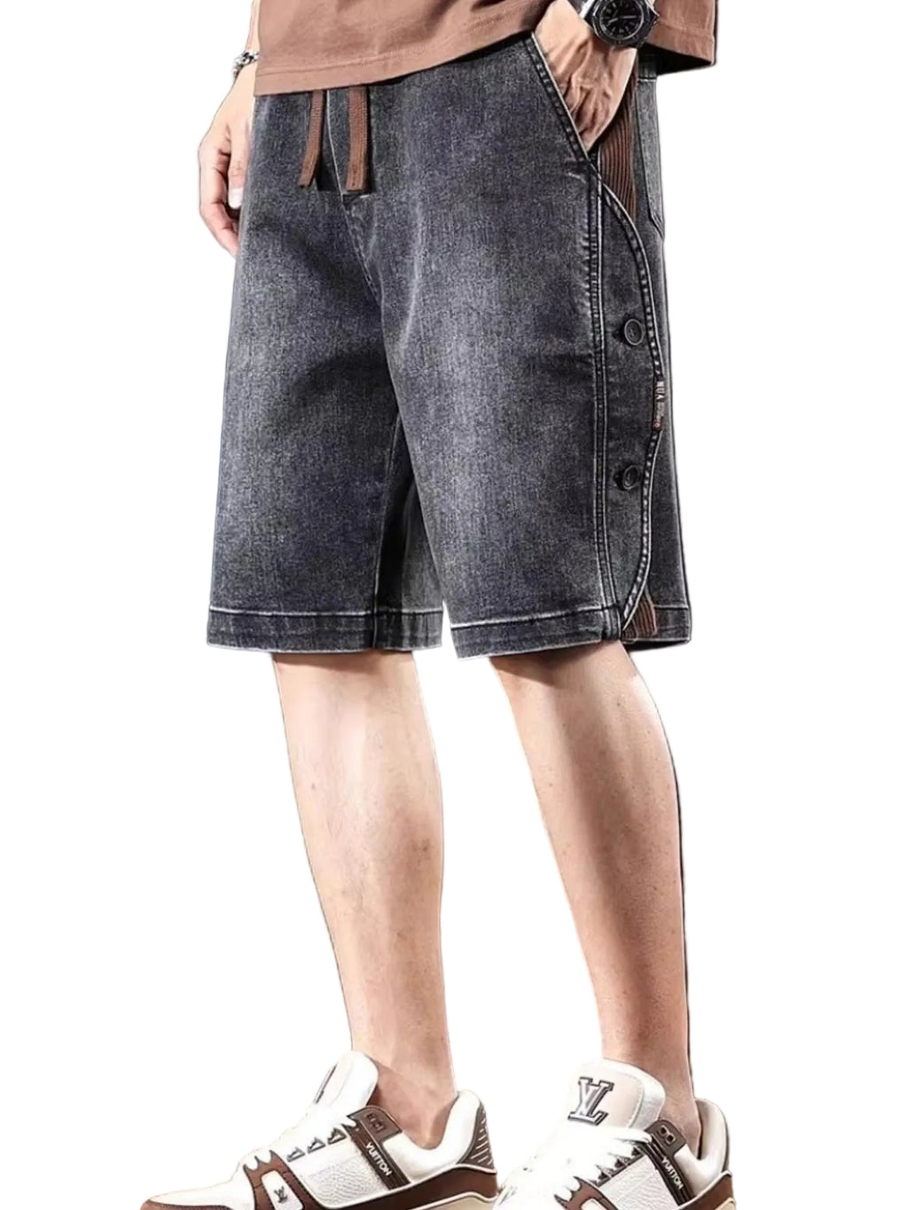 Men's Plus Size Wide Leg Denim Shorts with Button Closure and Pockets