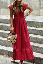 Maxi Dress Ruffle Red Smocked Tiered Cap Short Sleeve Sleeve High Waist Scarlet 802d240b-a7dc-4b28-a8fb-971229877598-Max Trendsi
