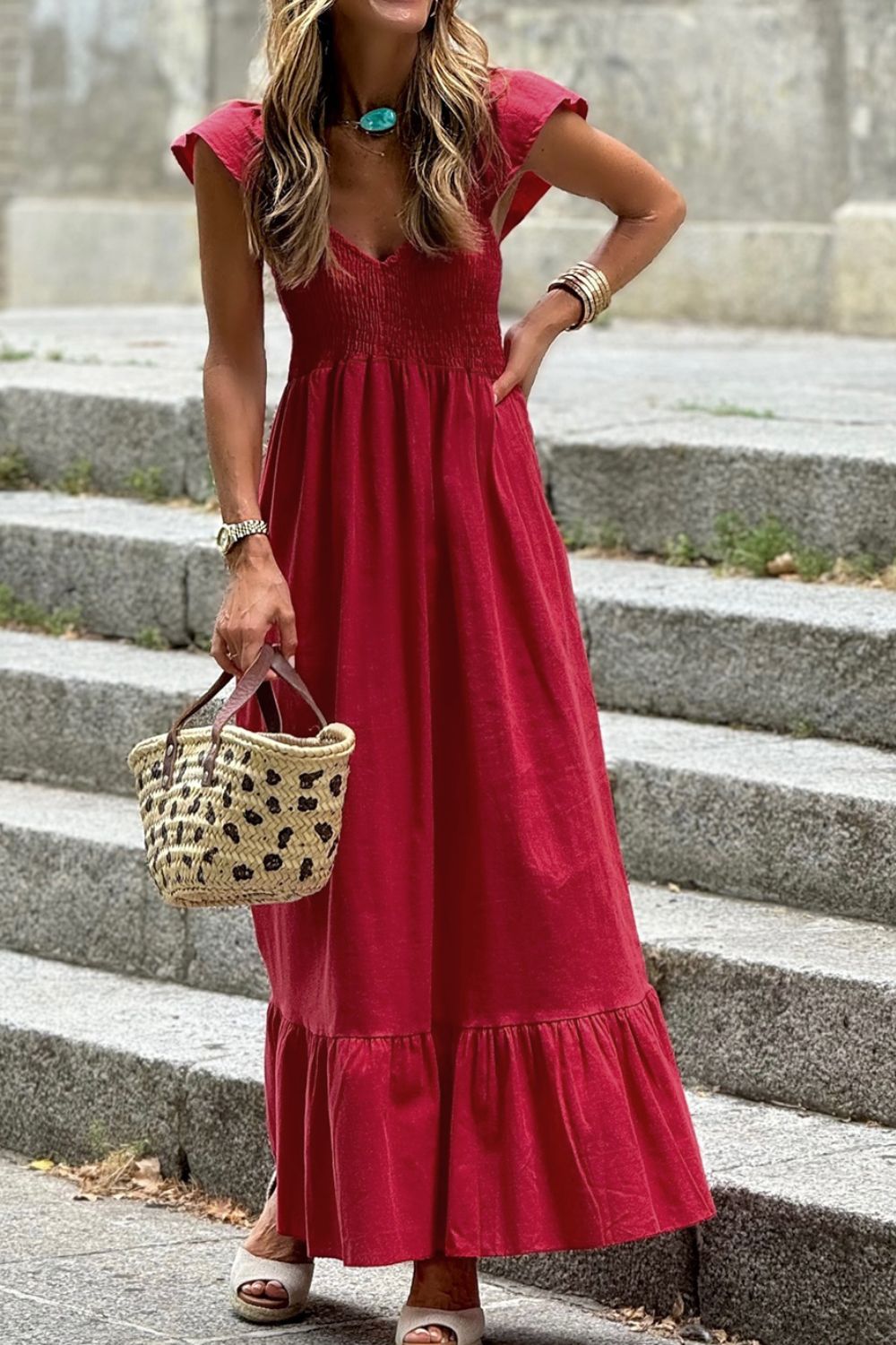 Maxi Dress Ruffle Red Smocked Tiered Cap Short Sleeve Sleeve High Waist Scarlet 802d240b-a7dc-4b28-a8fb-971229877598-Max Trendsi