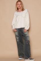 Blouse POL V-Neck knit Panel Exposed Seam Top 802d4cc9-4a86-4655-96e8-81c4ef230235-Max Trendsi
