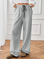 Women's Pants Cotton Gray Wide-Leg Drawstring Pocketed with Trim Joggers Gray 80339dee036f4ff4978ba7ed05db7353-Max-Origin Trendsi
