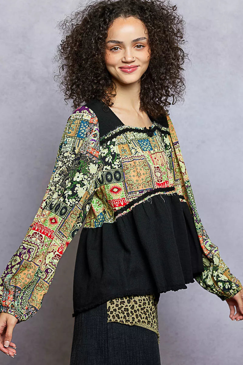 POL Womens Blouse Black Peplum Balloon Sleeve with Trim Detail Top 8036e95b-8042-4944-b20a-86f8735d2c08-Max-Origin Trendsi