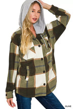 Zenana Fleece Shacket Olive Plaid Drawstring Hooded Womens Outwear 80396f546a024a338c15844baa3f6c4a-Max-Origin Trendsi