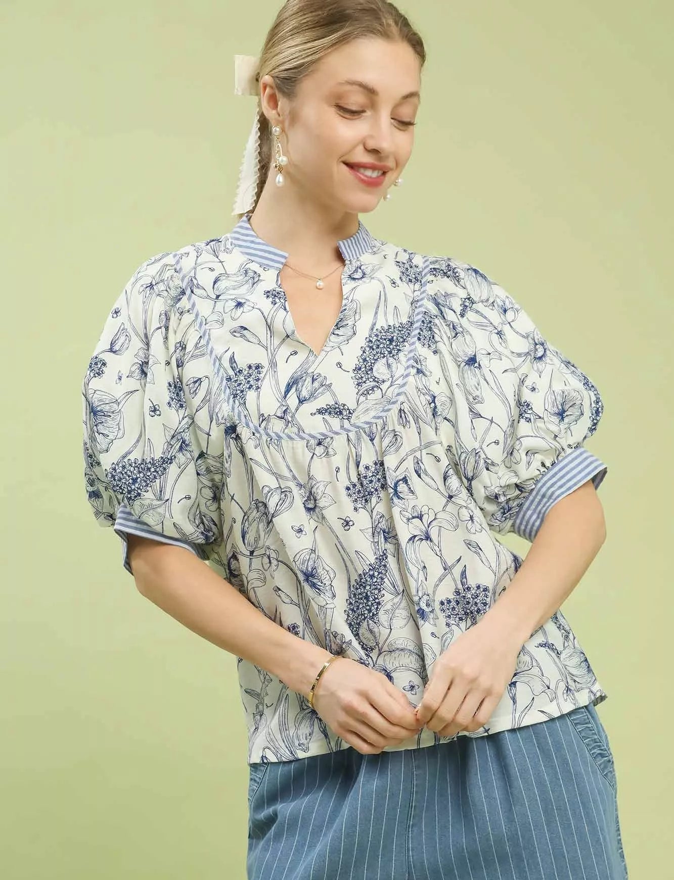 Umgee Blouse Blue Mixed Print Puff Short Sleeve Split Neck Top BLUE 8041f8cf-0957-4e9f-a845-449e32f29e1d-Max-Origin Trendsi