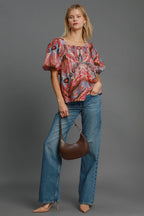 Umgee Women Viscose Blouse Abstract Pink Smocked Square Neck Puff Sleeve 80474780-1564-4dcc-921d-c133e28a0e27-Max Trendsi