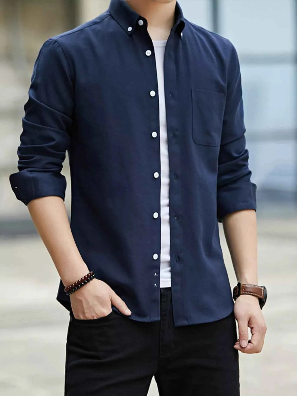 Men's Cotton Shirt Casual Long Sleeve Single Breasted Top Plus Sizes Navy Blue 804e91580cf34634922cd52851e2dfee-Max-Origin Trendsi