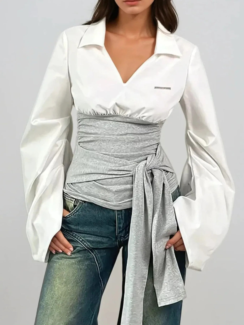 Women's Blouse White Collared Gray Tie Waist Long Sleeve 804edad9-617d-4497-83ca-367b544915ce-Max-Origin Trendsi