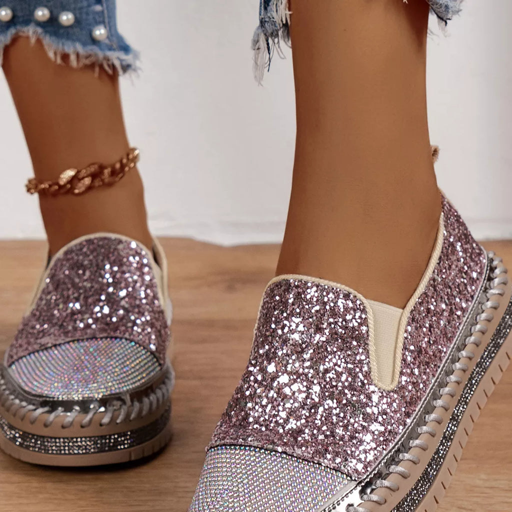 Rhinestone Sequin Round Toe Platform Loafers Pink 805782c068dc4970a485009da7a7a79c-Max-Origin Trendsi