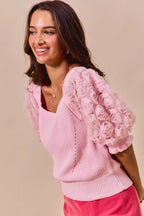 SO ME Rosette Sleeves Blouse Square Neck Sweater Knit Top Light Pink 806609ec-836a-410b-a7b5-c2dd09130ee8-Max-Origin Trendsi