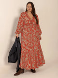 Plus Size Printed Midi Dress with Lace Details and Balloon Sleeves