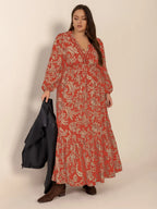Plus Size Printed Midi Dress with Lace Details and Balloon Sleeves