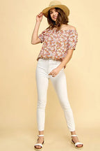 Lime 'N' Chili Blouse Off-The-Shoulder Coral Floral Print Short Sleeve 80705e380d984bf88f0bf7ab64a67d9b-Max-Origin Trendsi