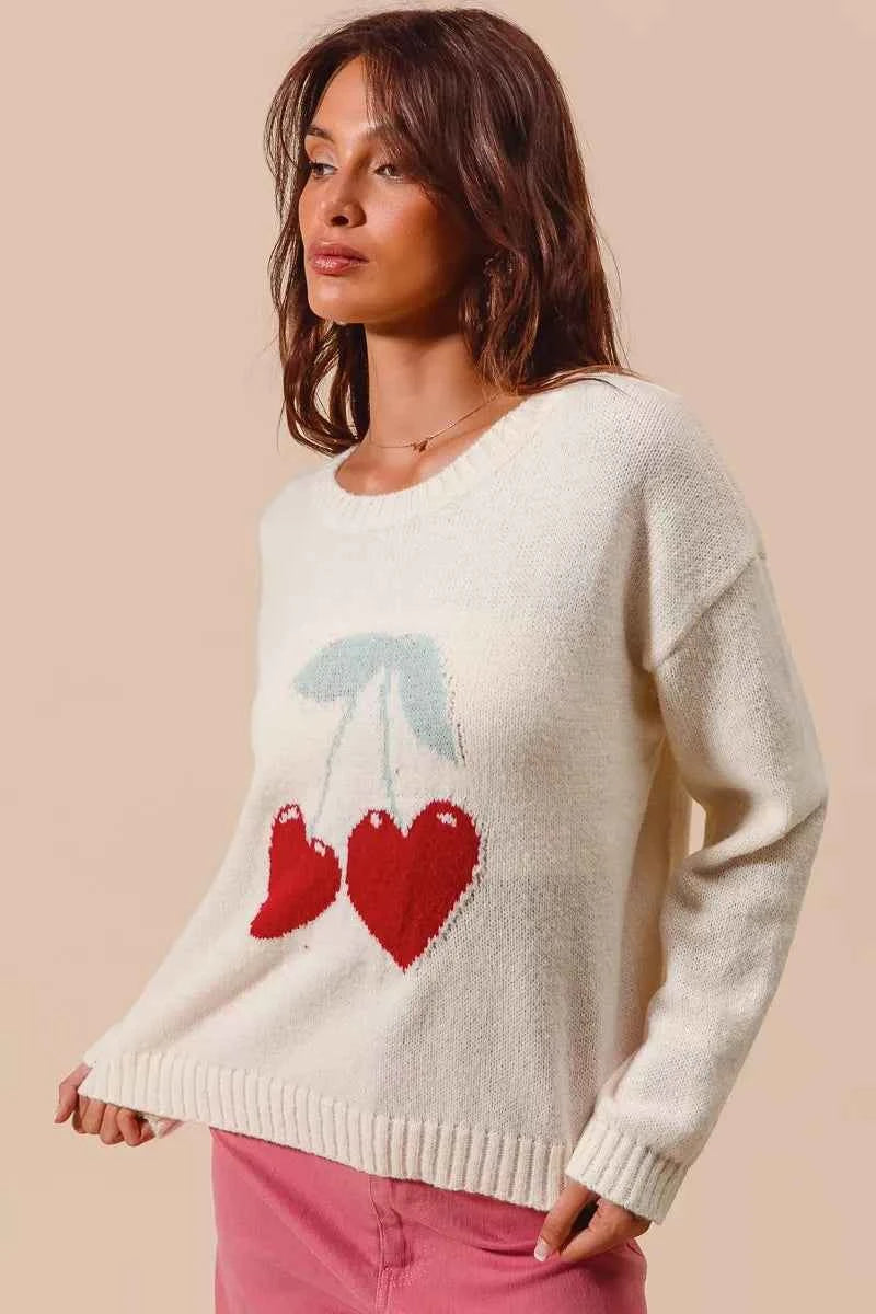 SO ME Valentine Sweater Heart Cherry Ivory Knitted Long Sleeve Top 8073aa8a645e4af4b74da992594f9347-Max-Origin Trendsi