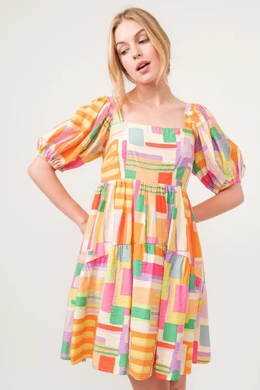 And The Why Mini Dress Geo Yellow Colorful Printed Square Neck Puff Sleeve 8076a51b07004df7b5e42c0702848039-Max-Origin Trendsi