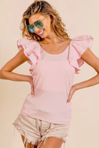 BiBi Ribbed Top Light Pink Wide Layered Ruffle Sleeve Scoop Neck Blouse 8088b12e095a47a4bc1368eac1b33f86-Max-Origin Trendsi