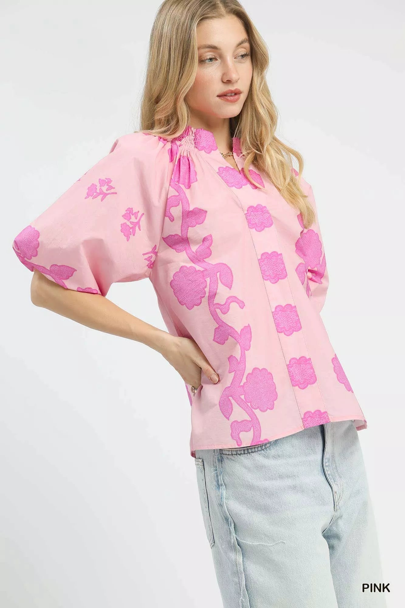 Umgee Womens Blouse Pink Floral Smocked Notched Puff Short Sleeve Top 808e3ffa-a57f-49b7-b422-545c7d8b8052-Max-Origin Trendsi