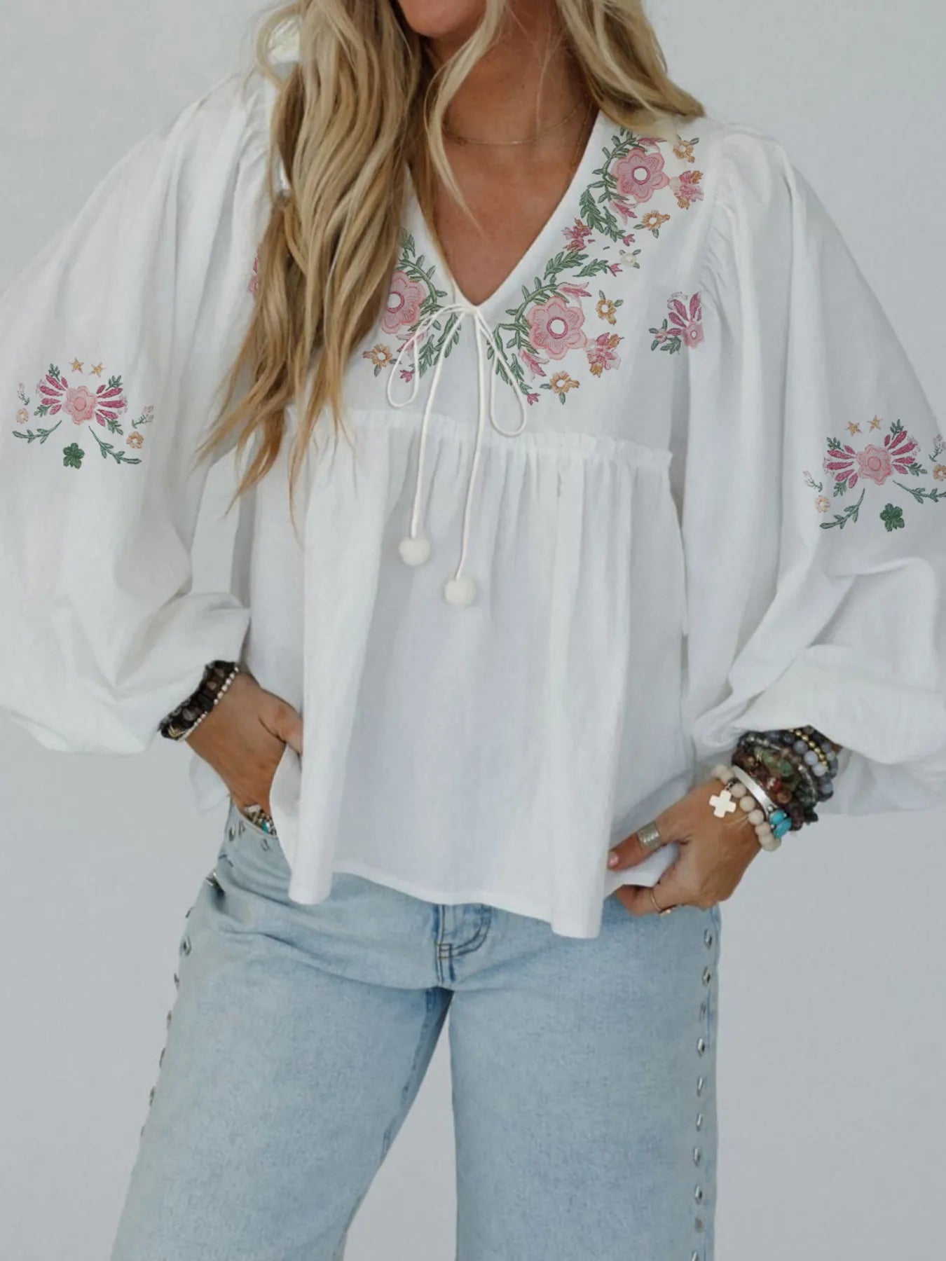 Women's Babydoll Blouse Flower Embroidered V Neck Tied White Long Sleeve Top White 8091dc91852a4a3dae5c9c1cf9710bd5-Max-Origin Trendsi