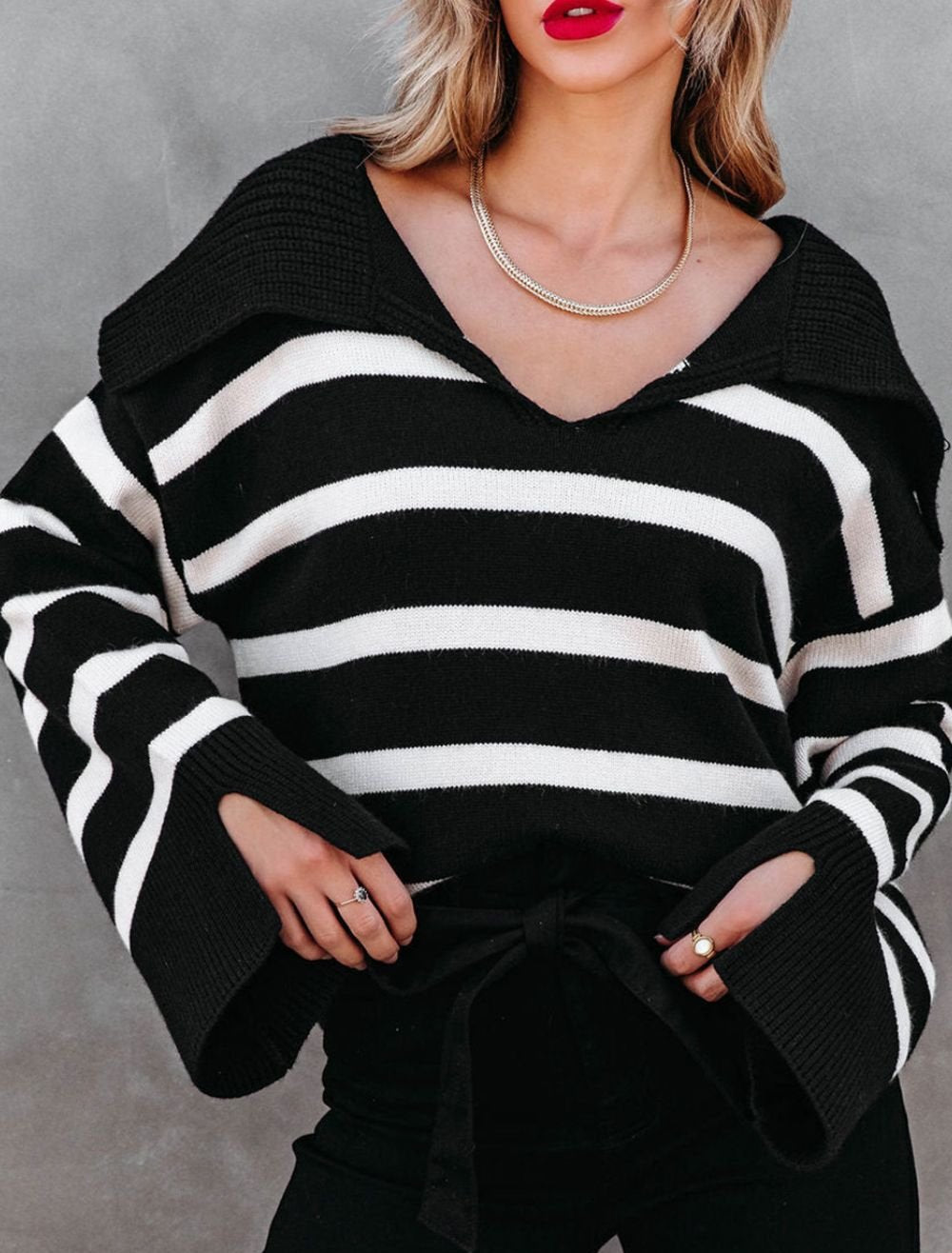 Striped Women Sweater V Neck Oversized Johnny Collar Long Sleeve Pullover