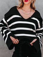 Striped Women Sweater V Neck Oversized Johnny Collar Long Sleeve Pullover Black 809ac93b-730f-4ce6-87ff-f8c4ed1f88c9-Max Trendsi