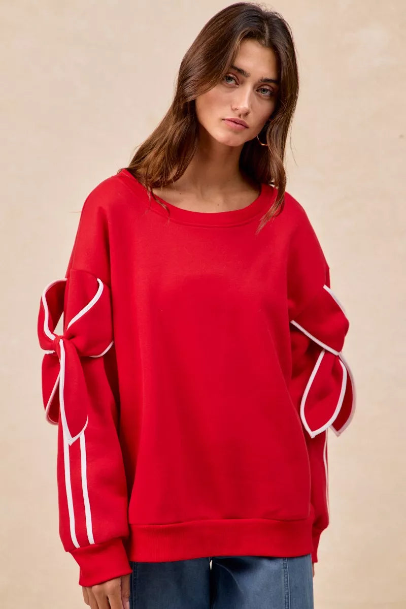 BiBi Fleece Sweatshirt Red Bow Detail Sleeves Womens Pullover 809cecb2-6ef3-4087-ba41-d751a81a7850-Max-Origin Trendsi