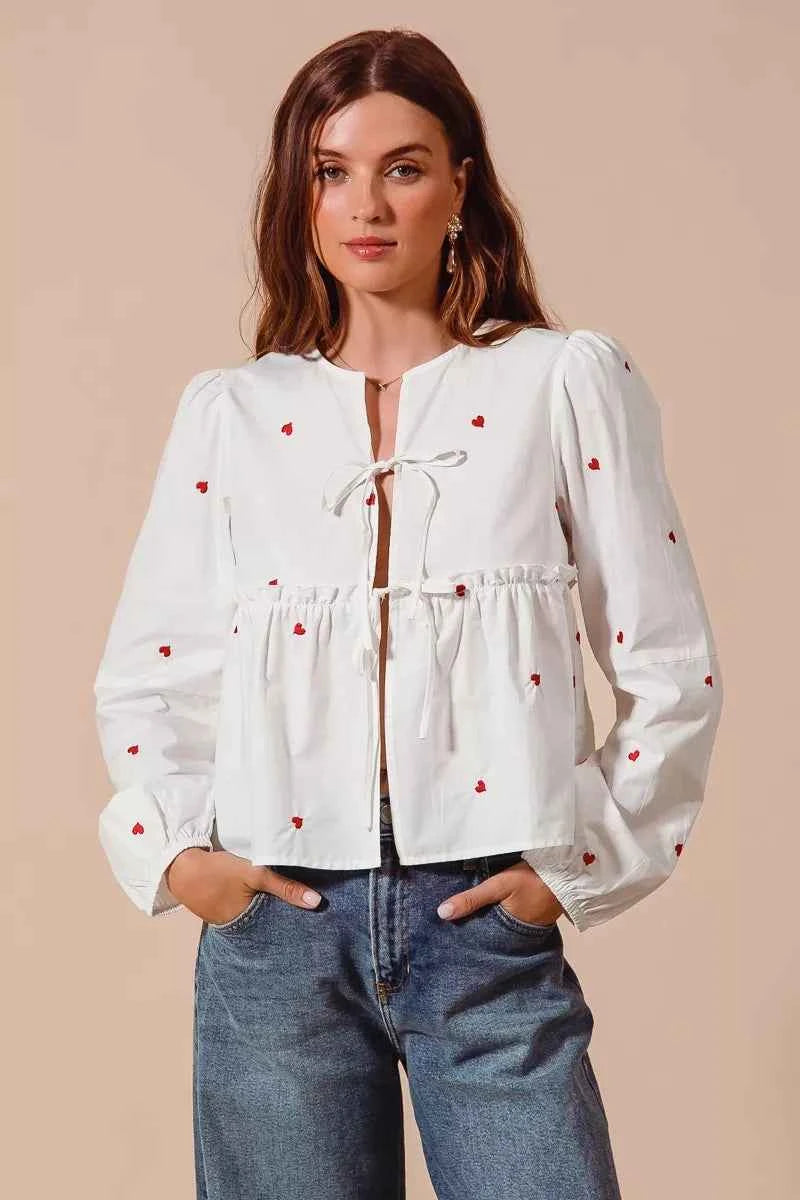 SO ME Women Blouse Front Tie Heart Embroidered Top With Puff Long Sleeve 80a039c8778647e287ad318586c2e106-Max-Origin Trendsi