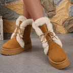 Women's Boots Faux Suede Fluff Lined Lace Up Round Toe Platform Mid Heels 80a6f6cace784772b43a420bf330a7a4-Max-Origin Trendsi