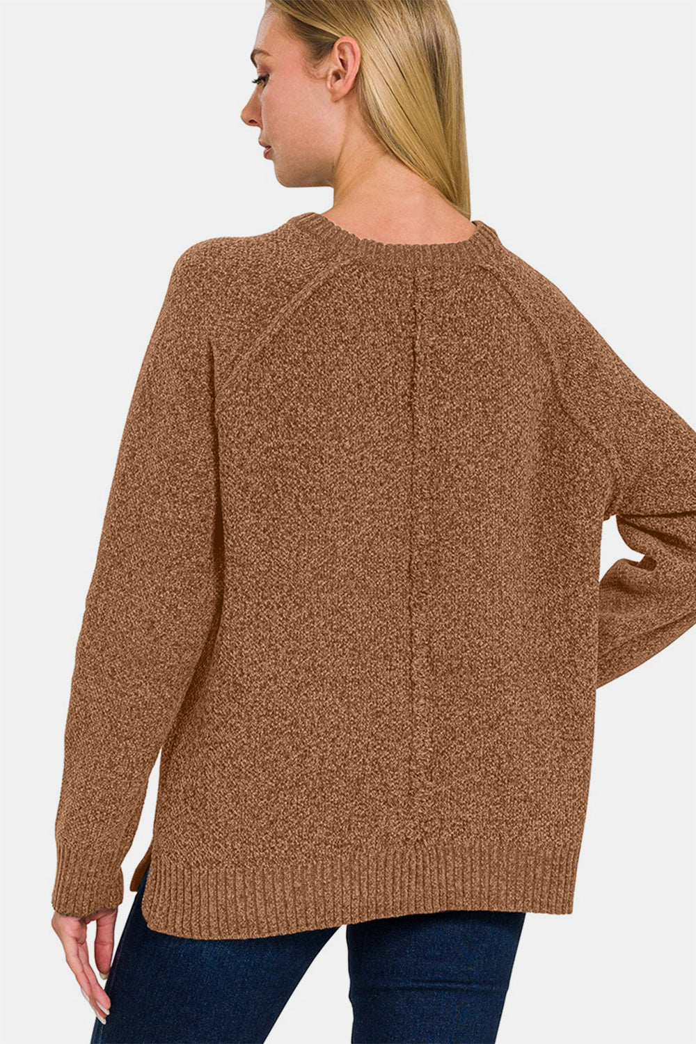 Zenana Knit Women Sweater Side Slit Raglan Sleeve Deep Camel Basic Knitwear