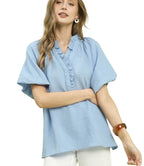 Umgee Ruffle Neck Tunic Blouse with Puff Sleeves