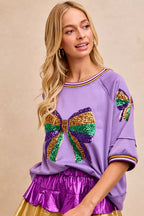 BiBi Womens Blouse Lavender Sequin Patched Ribbon Mardi Gras Theme Top 80b36b506ac94062adecb732a57bfec2-Max-Origin Trendsi