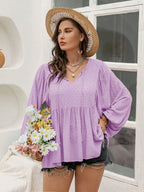 Plus Size Swiss Dot Long Sleeve Blouse with Tie Neck