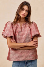 BiBi Jacquard Womens Blouse Red Woven Short Balloon Sleeves V Neck Top 80b8de1e57984a9191f832bf4c6d017a-Max-Origin Trendsi